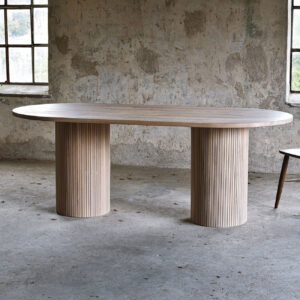 Circle dining table 220 oval with 2 pillars. Whitewashed oak An inviting & tasteful round dining table in Scandinavian design, made of solid oak, which makes the table feel genuine and authentic. The round solid dining table with extension leaves is really flexible and invites to large gatherings. Solid oak is used in the manufacture of high-quality furniture because of its durability and natural beauty. Solid oak top, solid oak & plywood columns, whitewashed oiled finish. Pillar diameter 40cm. Height 74 cm. Oak is a living material with natural movements. Over time, influenced by light & humidity, shade & maturity can change