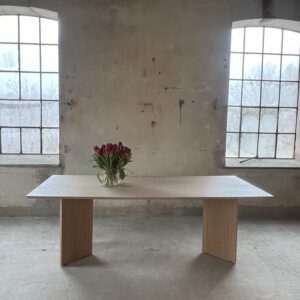 Skanör dining table 220 with 2 extension leaves in veneered whitewashed oak. Insert plate 45cm x 2pcs.